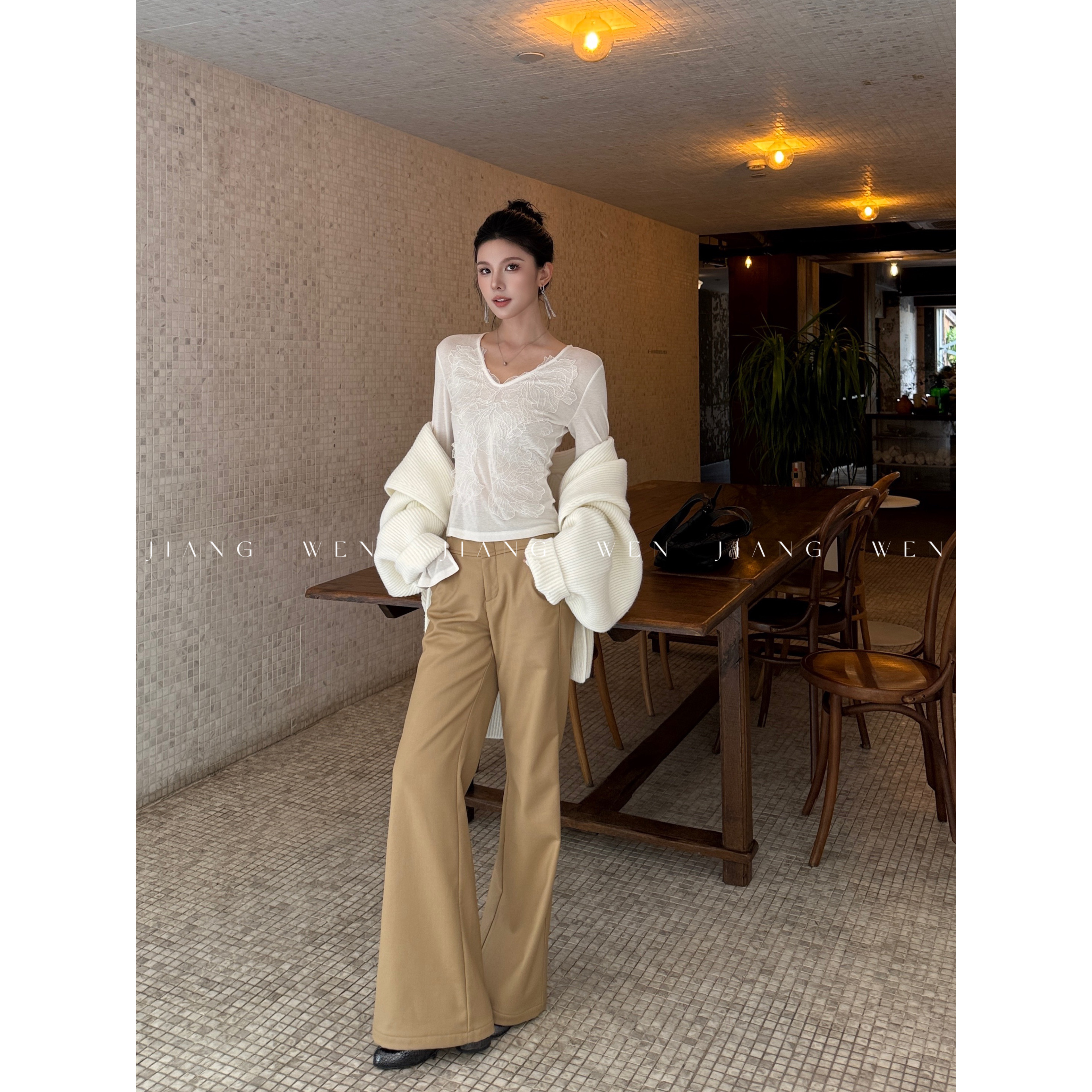 【卡其裤】加绒卡其色百搭显瘦通勤简约微喇休闲裤