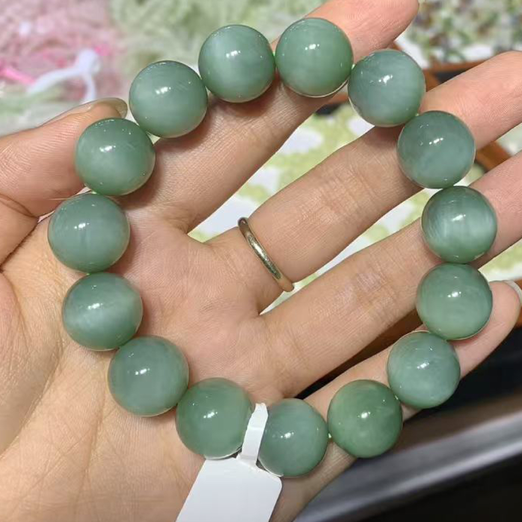 和田玉碧玉粉青猫眼15mm颗颗细腻均匀猫眼闪耀俄罗斯老坑料孤品