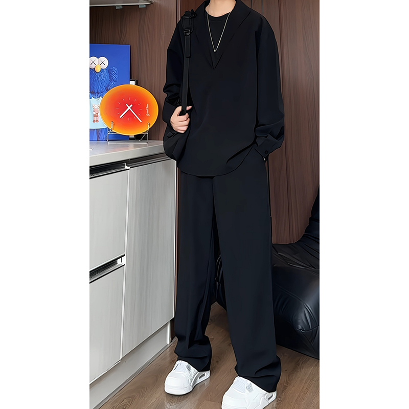 老钱风V领假两件POLO衬衫套装男春秋休闲风痞帅垂感纯色长袖长裤