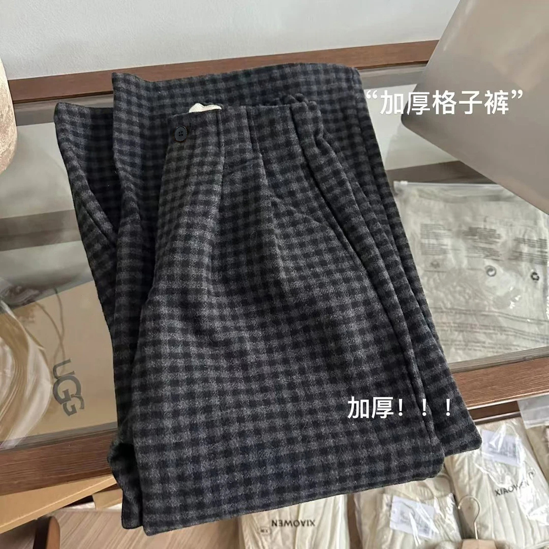 【加厚双面呢】秋冬复古格子裤女半松紧垂感宽松百搭显瘦经典阔腿裤