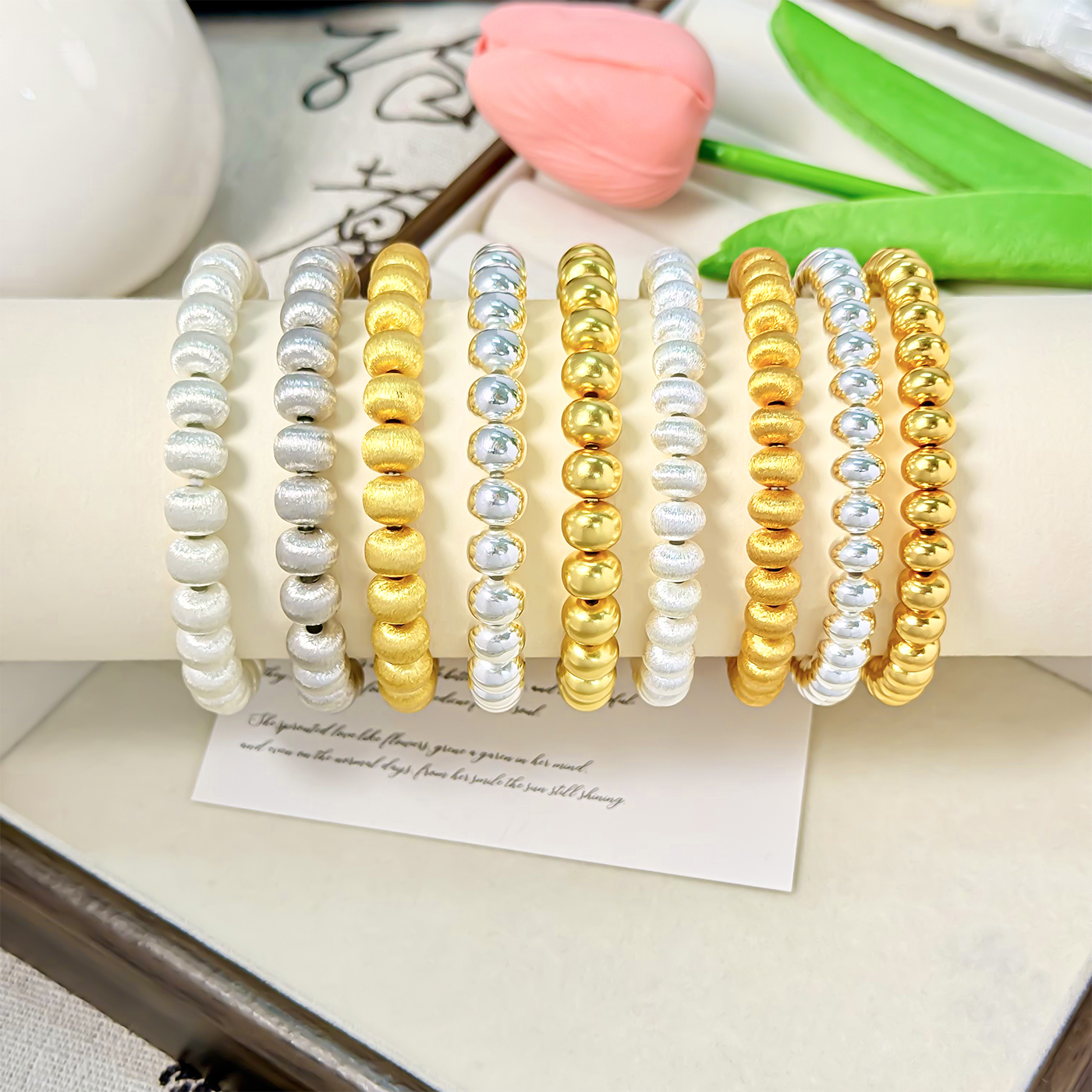 足银手链 足银999电镀金色轻奢风高级感拉丝珠手链