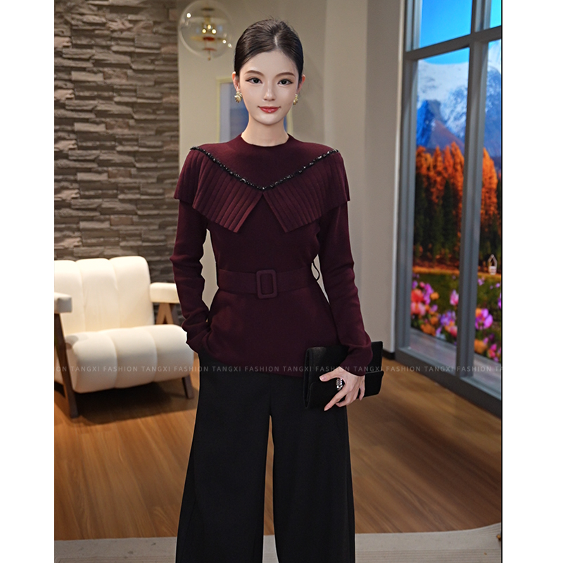 2025秋冬新款女装【TX-8524】含绵羊毛洋气带腰带显瘦修身针织毛衣