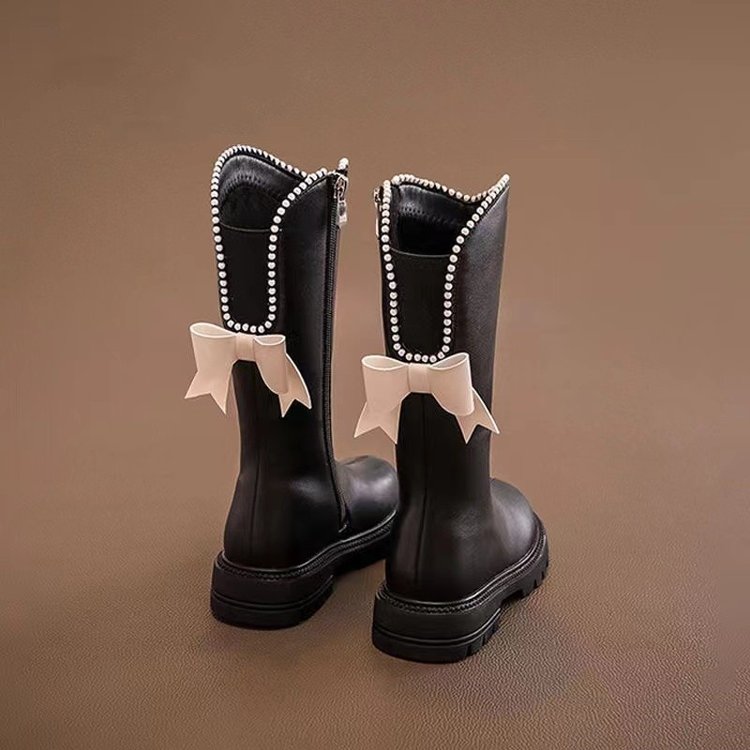 女童鞋子儿童长靴2025新款秋冬新款长筒高筒皮靴加绒洋气女孩