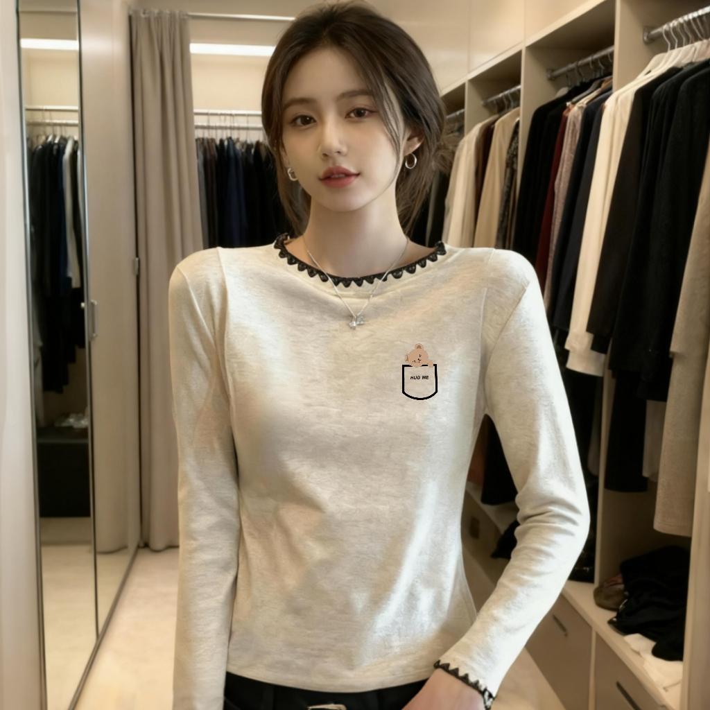 时尚韩系慵懒松弛感上衣早秋卡通打底衫女纯棉长袖小众百搭设计感