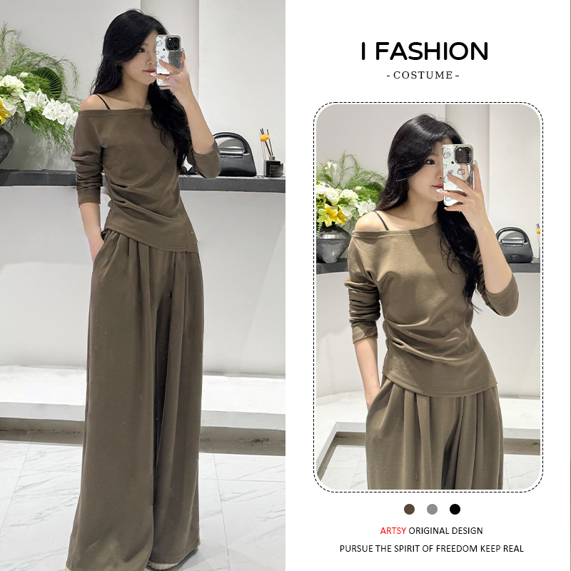 高含棉2025年春秋新款时尚减龄套装女露肩上衣宽松阔腿裤两件套