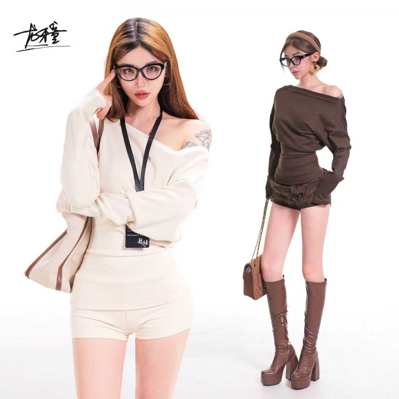 龙牙童推荐【杏仁奶心】早秋初恋温柔风套装显瘦长袖不规则斜肩休闲