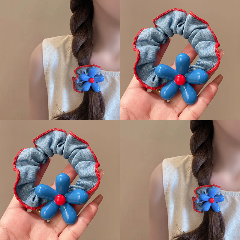 韩系蓝色花朵小肠发圈女高级感扎头发绳高弹力耐用皮筋头绳不伤发