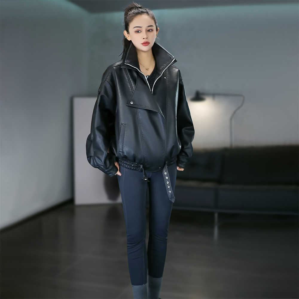 2025秋冬新款皮衣外套女宽松酷飒机车风廓形双层领加棉保暖皮夹克