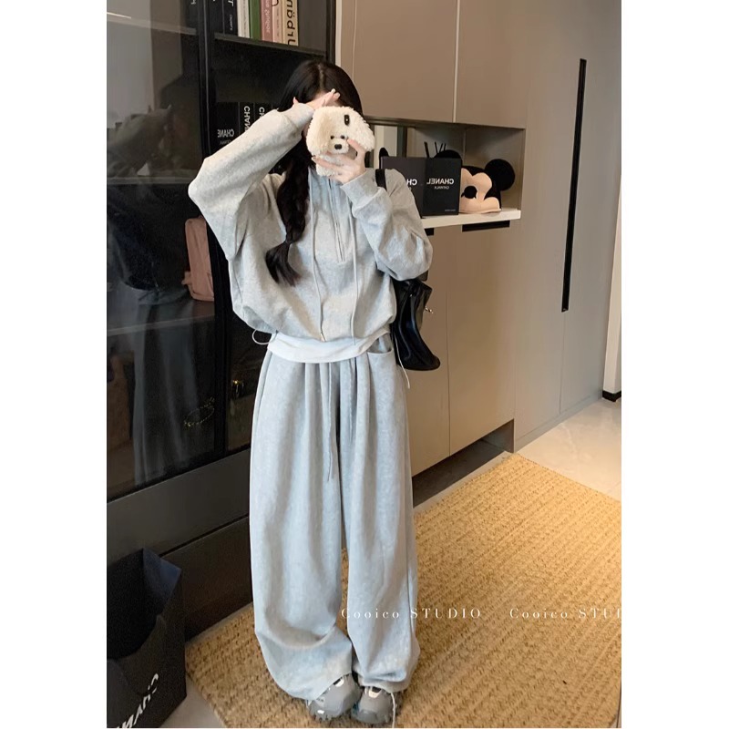 秋季新款慵懒风休闲套装高腰显瘦阔腿设计感松弛感卫衣组合套装