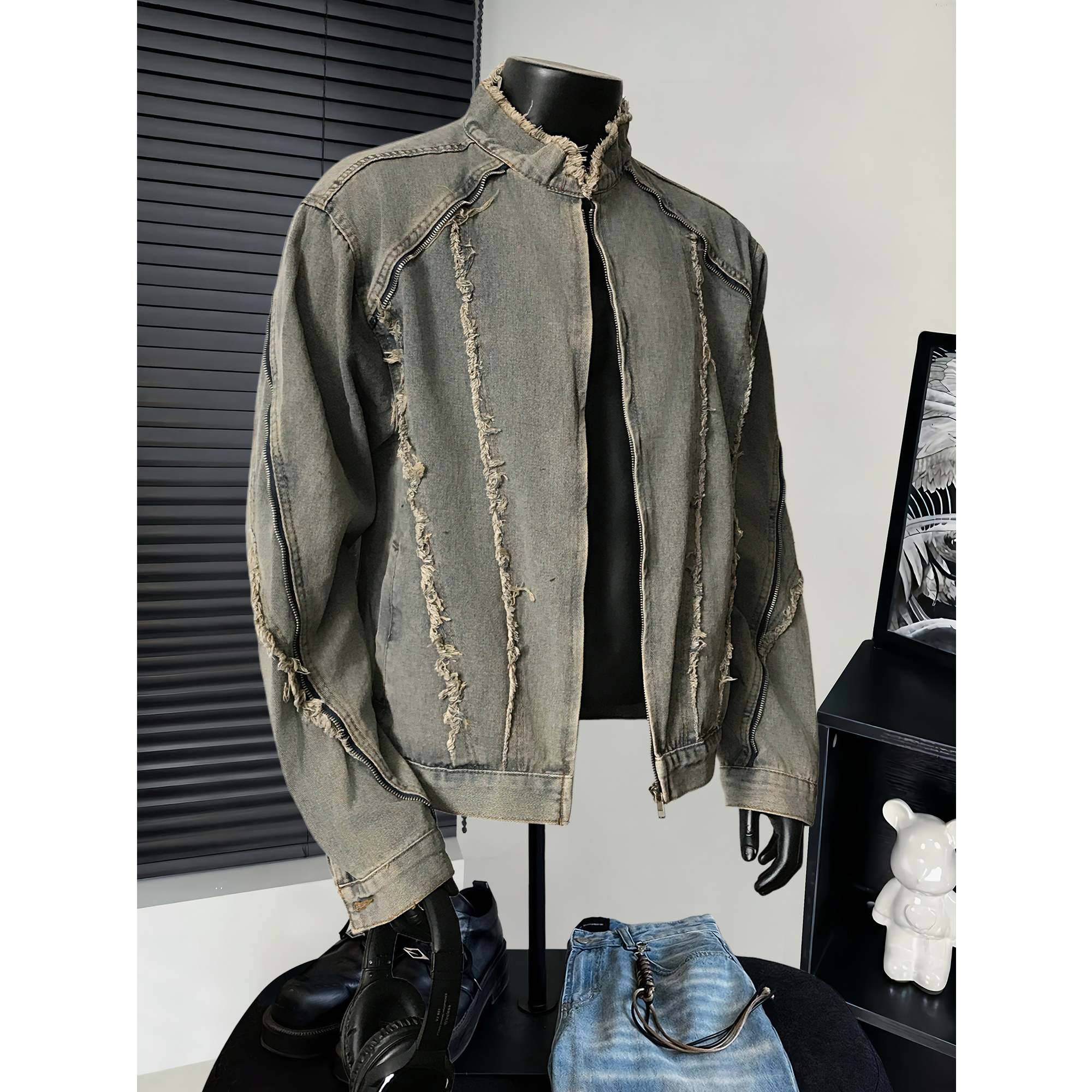 美式复古解构毛边牛仔外套男春秋季潮牌宽松街头水洗短款立领夹克