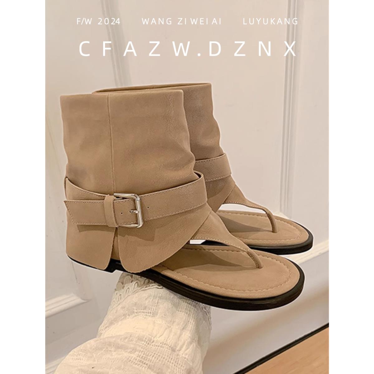 真皮版~时髦ins辣妹中筒夹趾凉靴女夏季新款透气小众人字罗马凉鞋