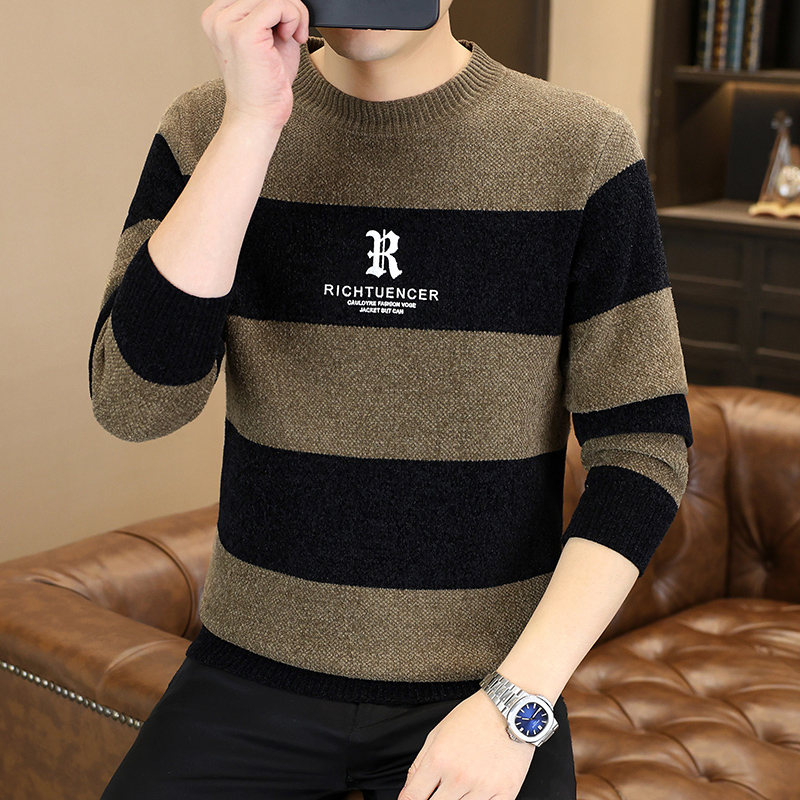 高档圆领欧棉绒拼色针织毛衣男士冬季时尚保暖潮流打底衫男装5509