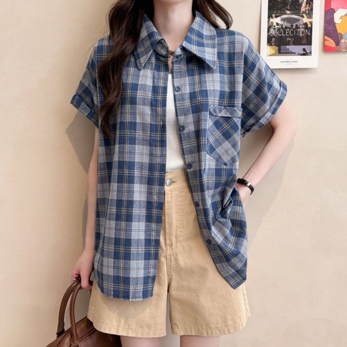 大码胖mm复古格子短袖衬衫女装2025夏季新款韩系宽松显瘦短袖衬衣