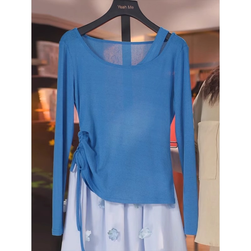 假两件露肩蓝色长袖t恤女2025夏季新款抽绳收腰显瘦上衣防晒罩衫