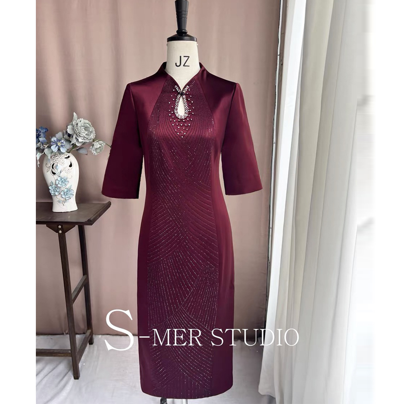 高贵气质喜婆婆婚宴礼服高端年轻妈妈装重工醋酸旗袍中年连衣裙女