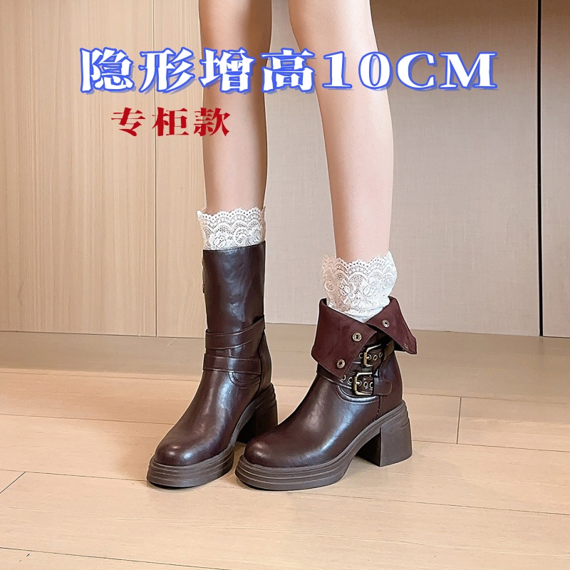 真皮美拉德棕色马丁靴女士秋冬百搭增高骑士靴粗跟小短新款马丁靴