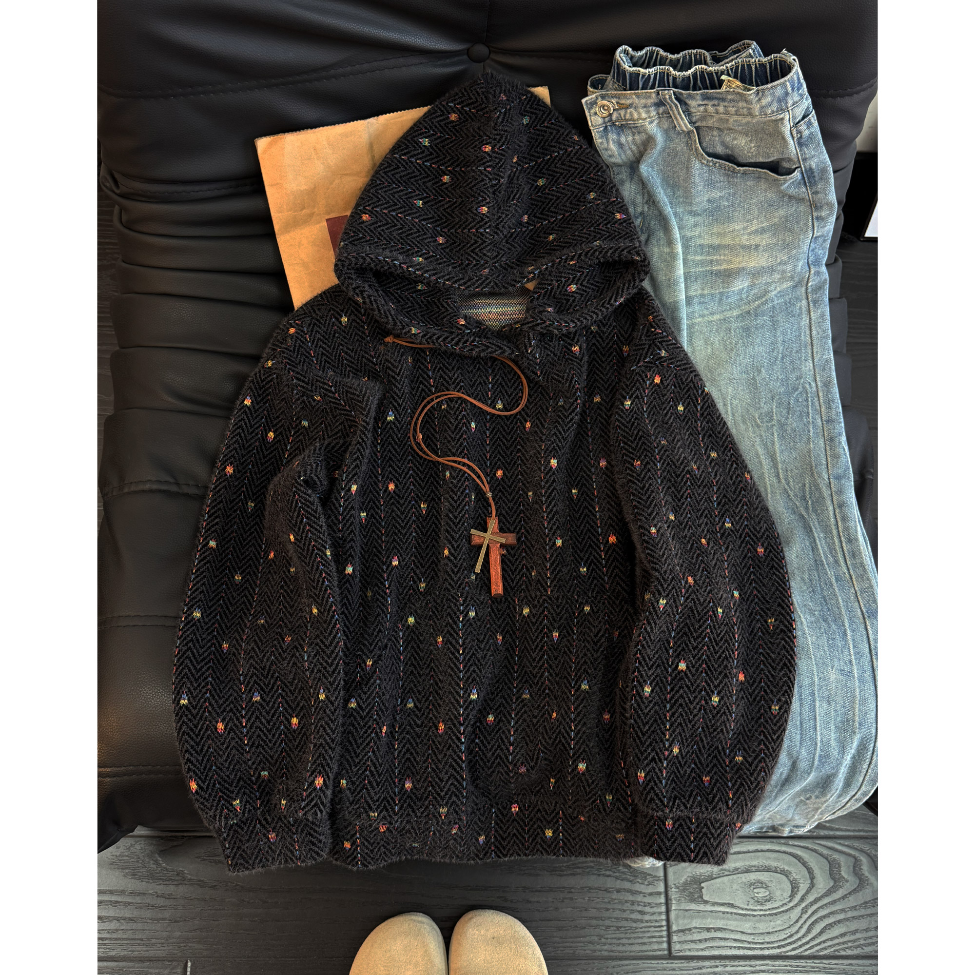 美式复古针织卫衣男秋冬季连帽加厚保暖彩色条纹刺绣情侣重磅外套