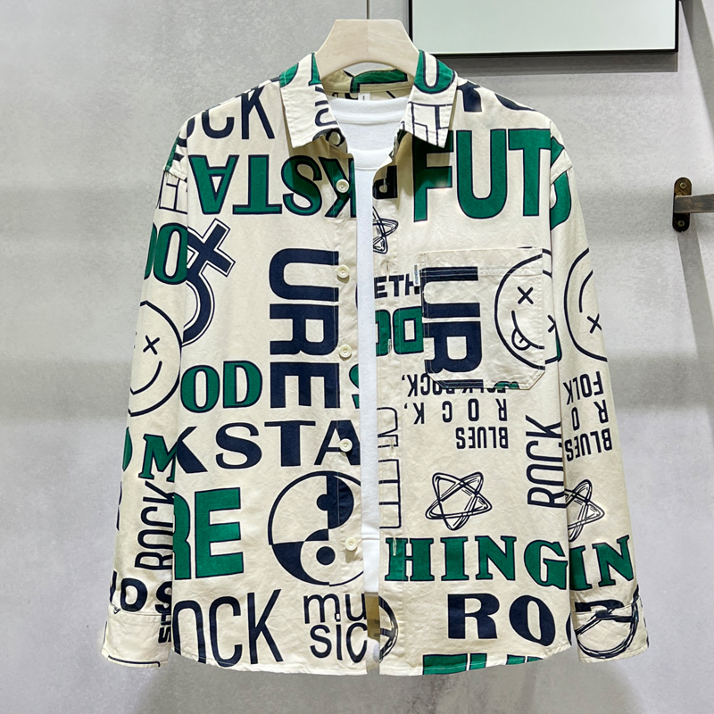 秋季长袖衬衫男设计感潮流寸衫帅气青少年外套字母满印花衬衣痞帅