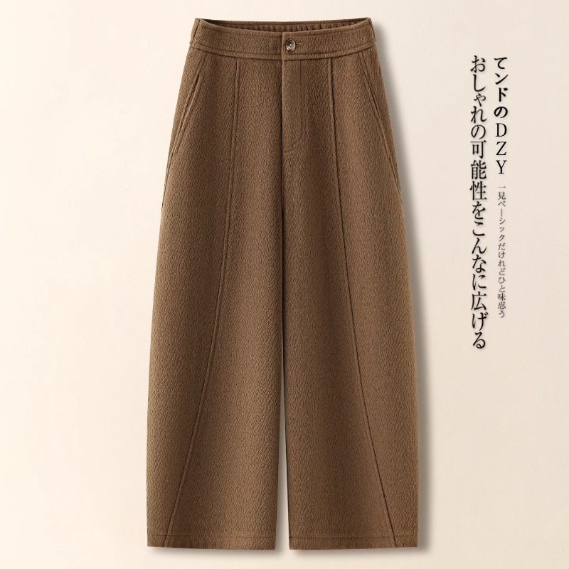 拉夏贝尔卡其色毛呢弯刀哈伦裤女秋冬2025新款八分哈伦九分糯米裤