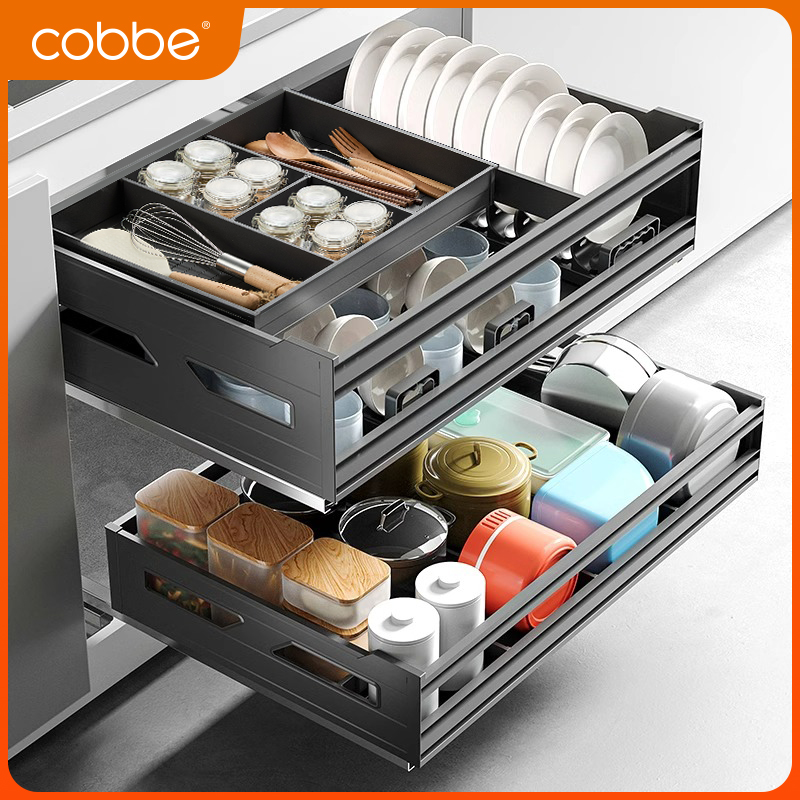 卡贝碗碟拉篮厨房橱柜双层屉式碗篮太空铝合金厨柜锅具收纳拉篮