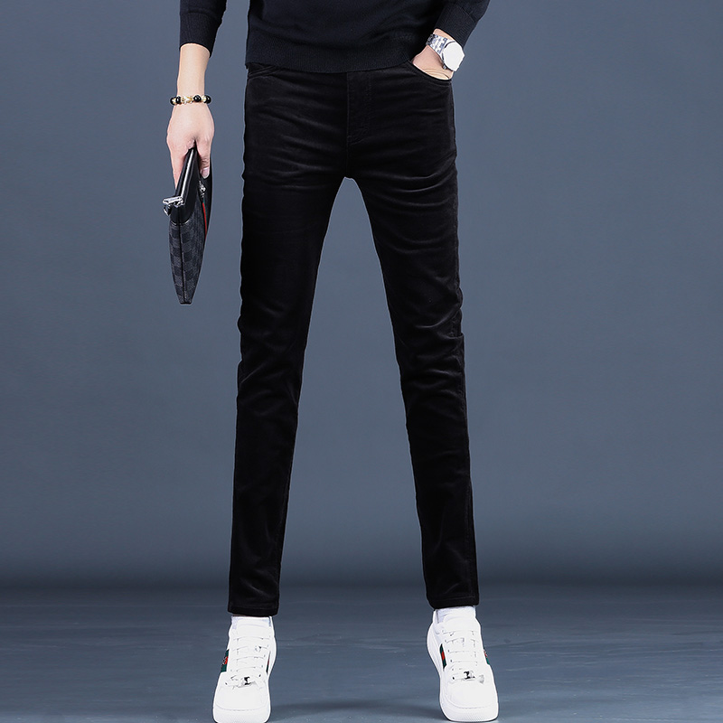 休闲裤男款2025秋季新款弹力修身显瘦潮牌黑色小脚灯芯绒长裤子潮