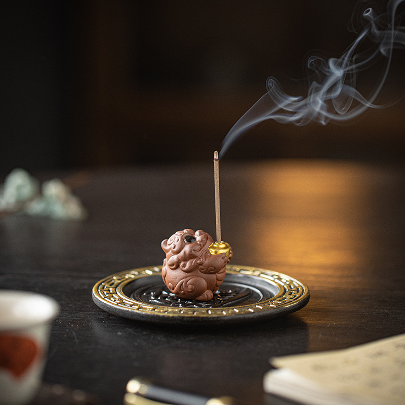 创意紫砂小貔貅线香炉家用室内香插香座禅意茶室桌面香薰炉小摆件