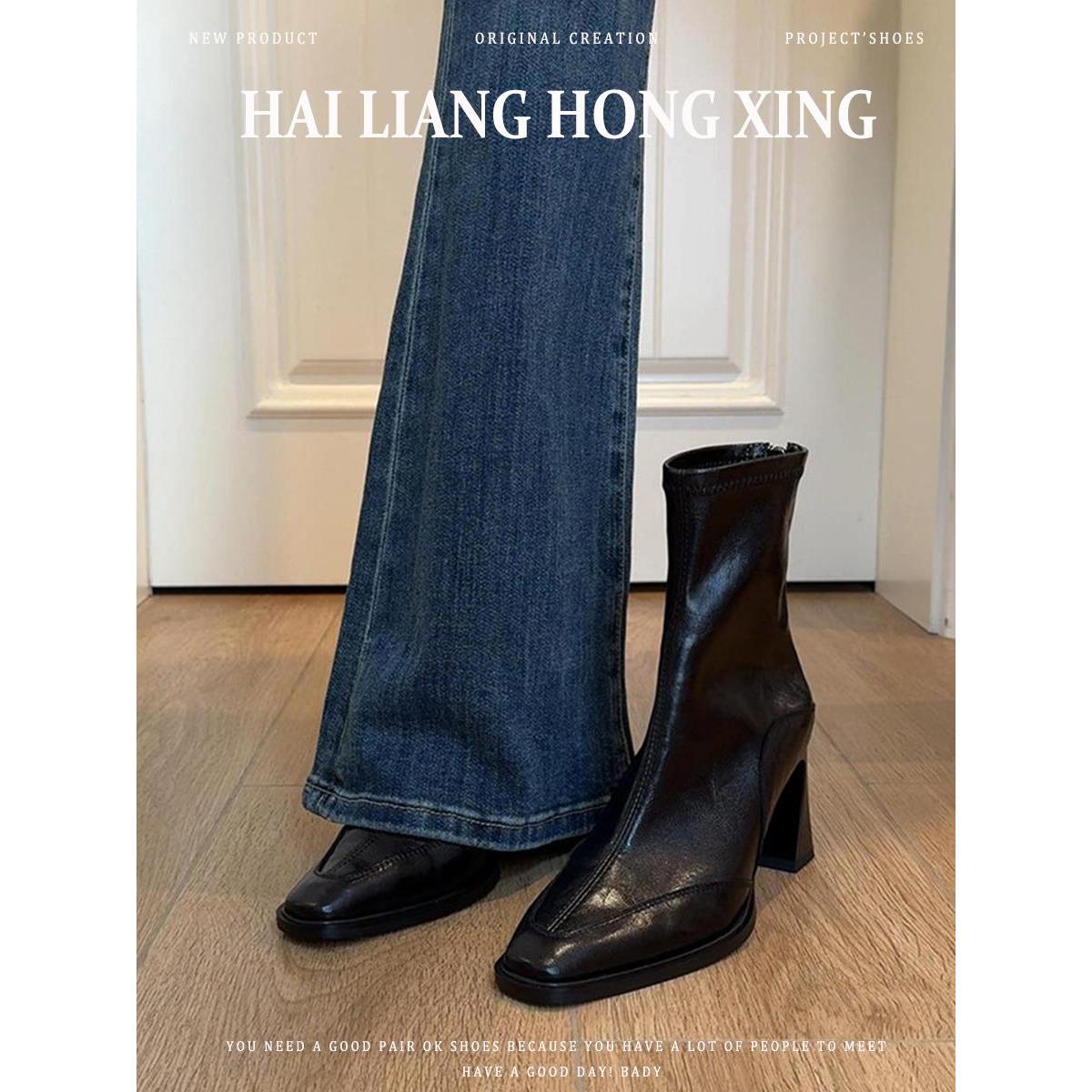 法式复古拼接棕色弹力瘦瘦靴女方头后拉链高跟短靴小个子袜子靴