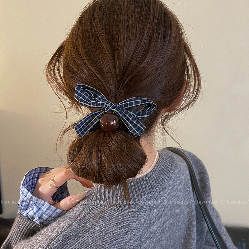 法式格纹蝴蝶结小肠发圈女2025新款高级感扎头发绳高弹力皮筋发绳