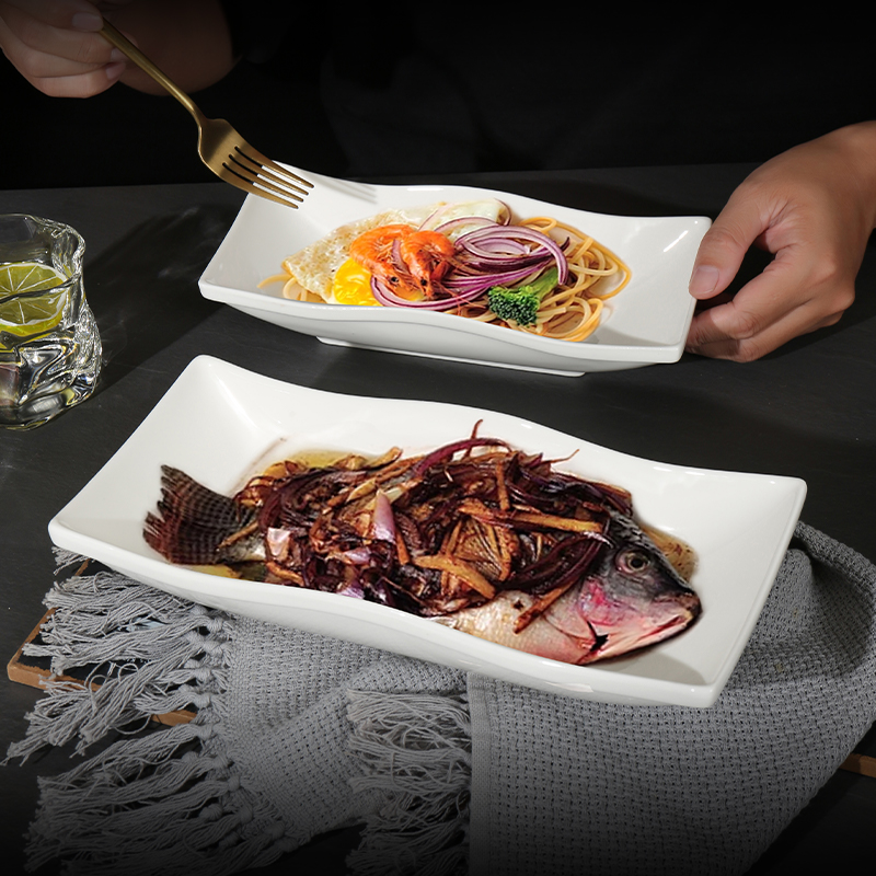 鱼盘子专用陶瓷蒸鱼家用高颜值高档网红款大号纯白餐具长方形酒店