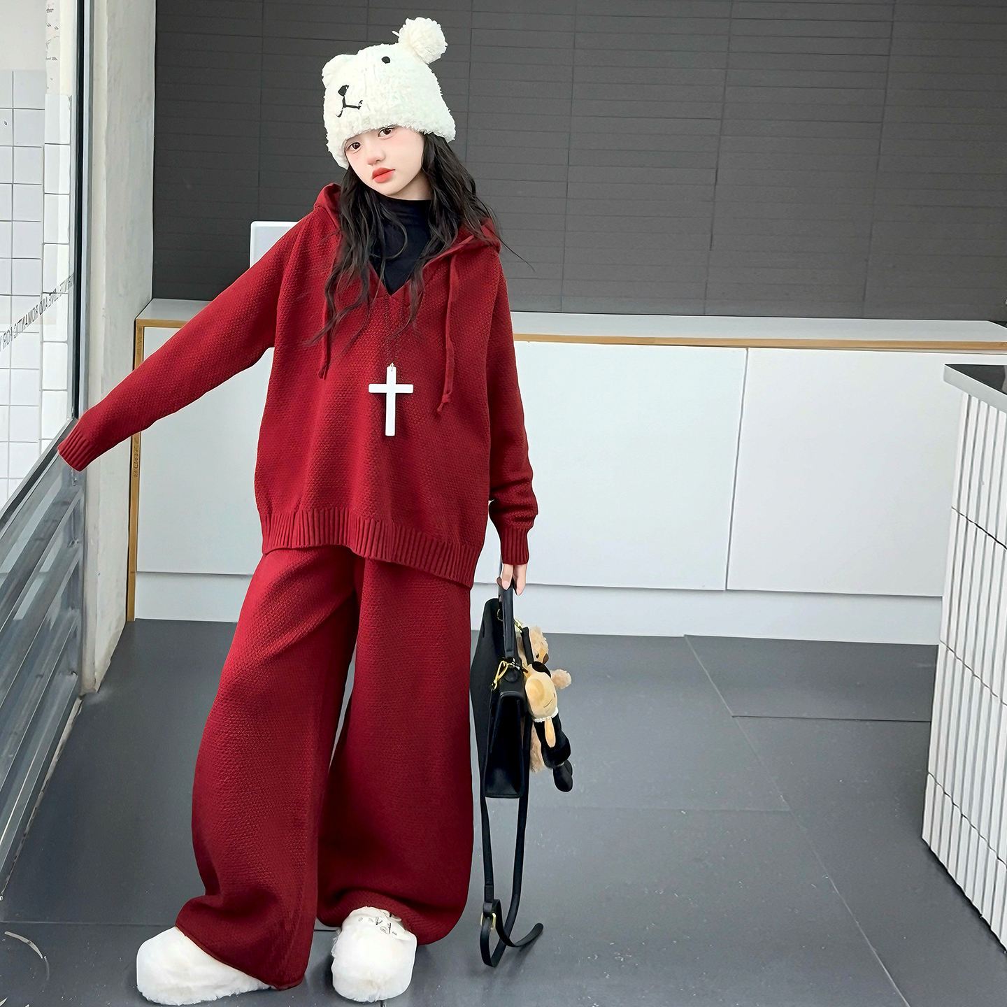 女童秋装套装2025新款红色毛衣儿童洋气针织衫两件套