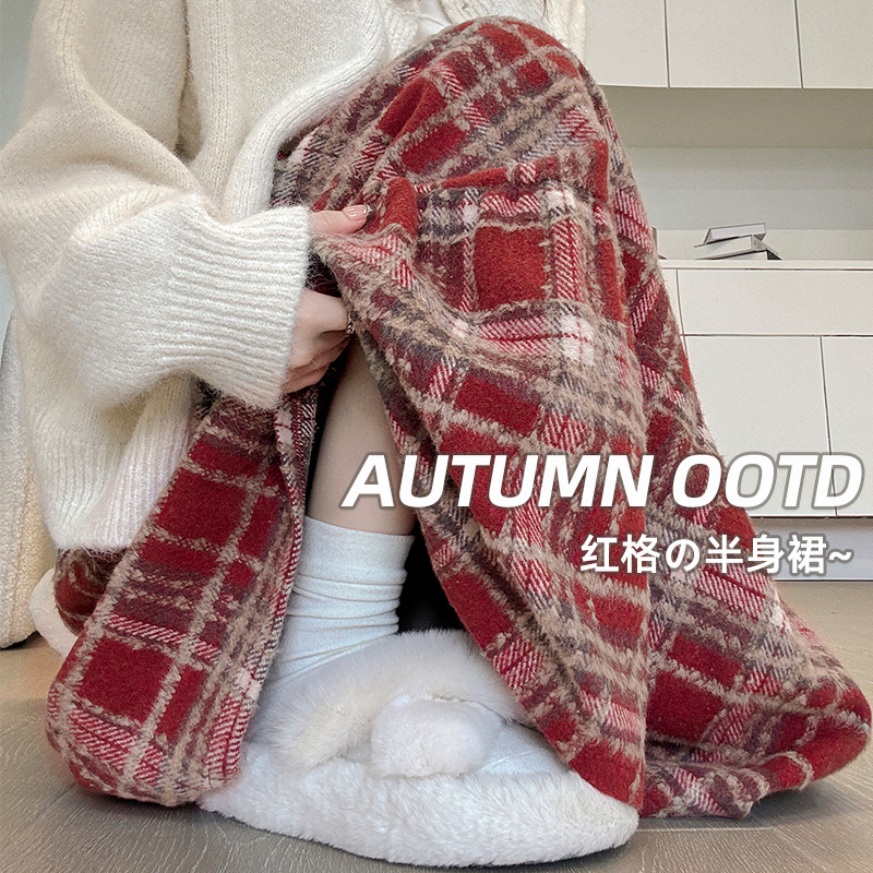 红色毛呢格子半身裙女胖mm大码高腰垂感显瘦a字中长款秋冬蛋糕裙