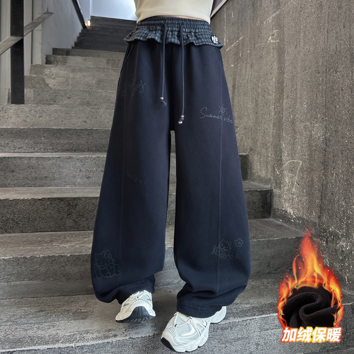 女童加绒裤子秋冬2025新款儿童洋气加厚阔腿裤大童冬季一体绒卫裤