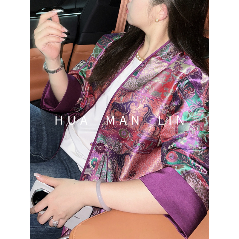 【花滿林】V领手工盘扣侧开叉蜀锦真丝桑蚕丝长袖外套259775