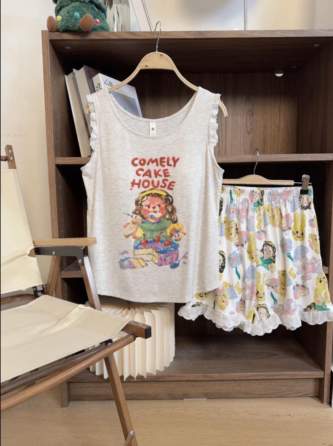 莫代尔夏季女士时尚油画卡通带胸垫背心短裤休闲家居服舒适柔软