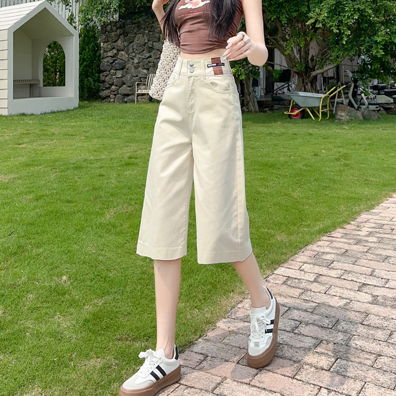 蜜蜜穿搭6分牛仔裤女专治粗腿夏季薄款白色阔腿过膝高腰a版短裤子