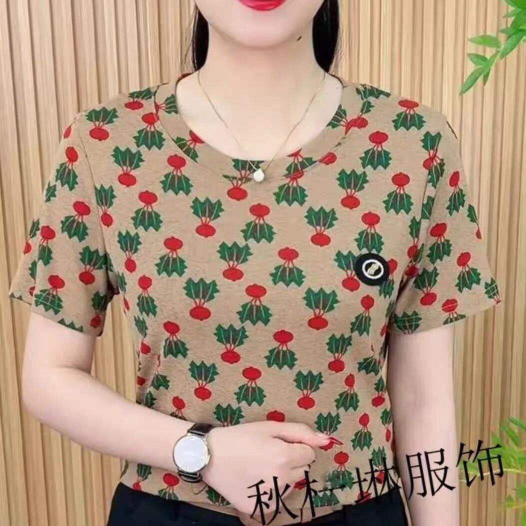 薄款冰丝夏季宽松短袖T恤女碎花时尚减龄百搭洋气妈妈装遮肉小衫