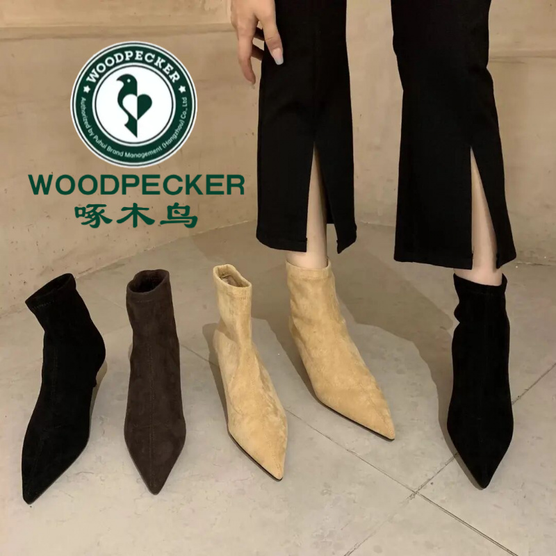 啄木鸟法式尖短靴女2025秋季新细跟绒面瘦瘦裸靴网红弹力袜马丁靴