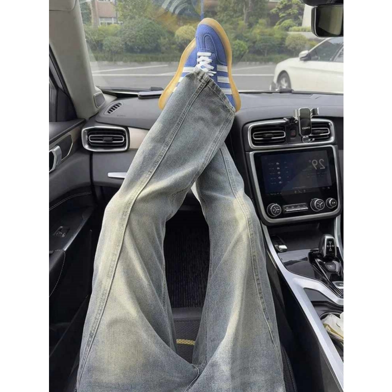 复古蓝斜切微喇牛仔裤男秋季美式高街vibe裤子cleanfit直筒弯刀裤