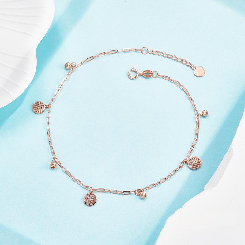 18K金脚链福牌脚链玫瑰金脚饰可调节正品真金时尚女款水贝爆火2