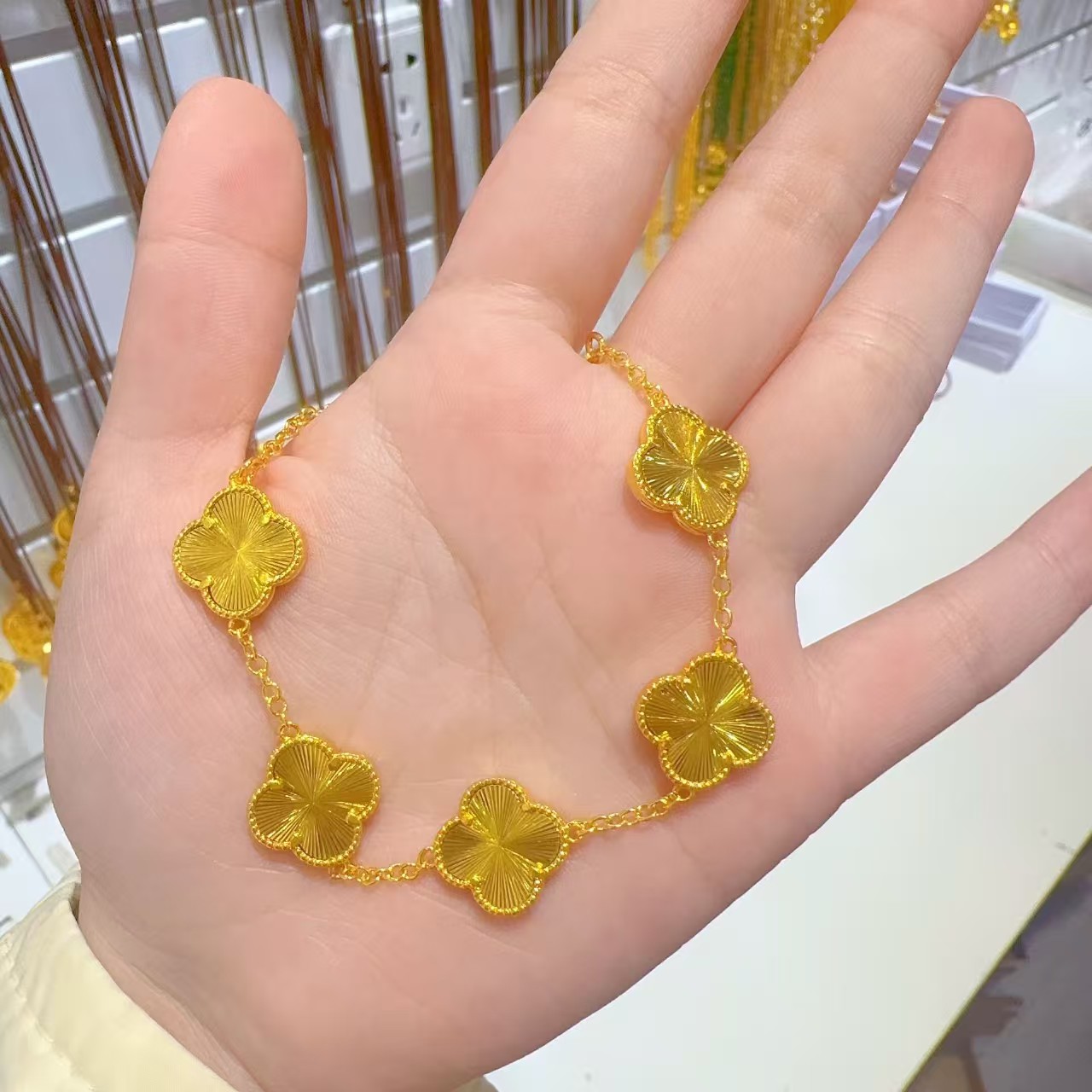 铜合金手链 精工镭射面四叶草五花手链时尚轻奢简约