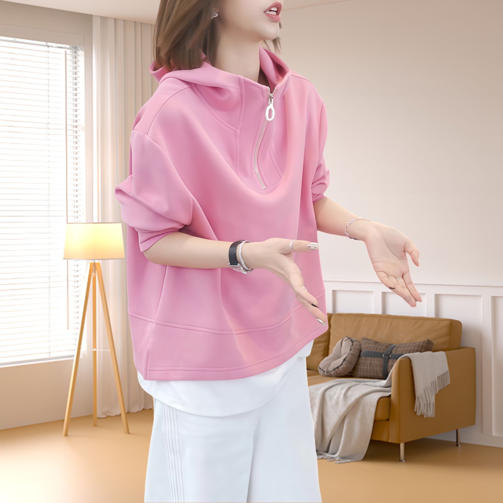 2025百搭老钱风女装上衣服小个子短款假两件设计感连帽卫衣女装