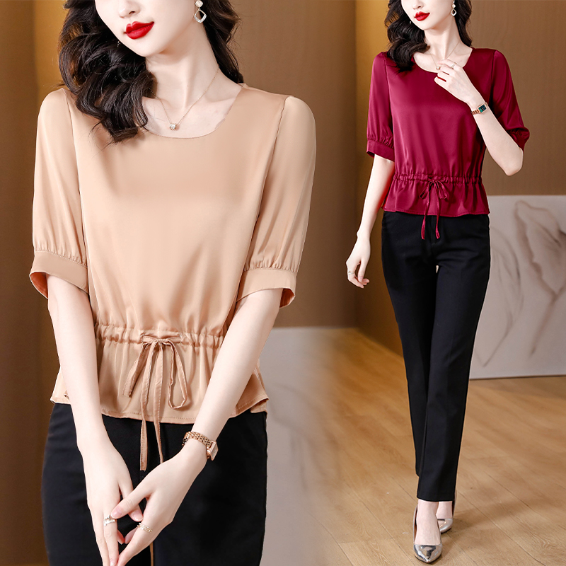 杭州重磅真丝衬衫女士短袖夏新款衬衣收腰t恤高端大牌桑蚕丝上衣