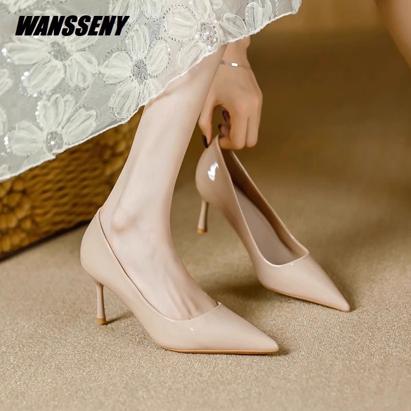 WANSSENY2025年气质绝美高跟鞋女尖头不累脚裸色法式漆皮细跟单鞋