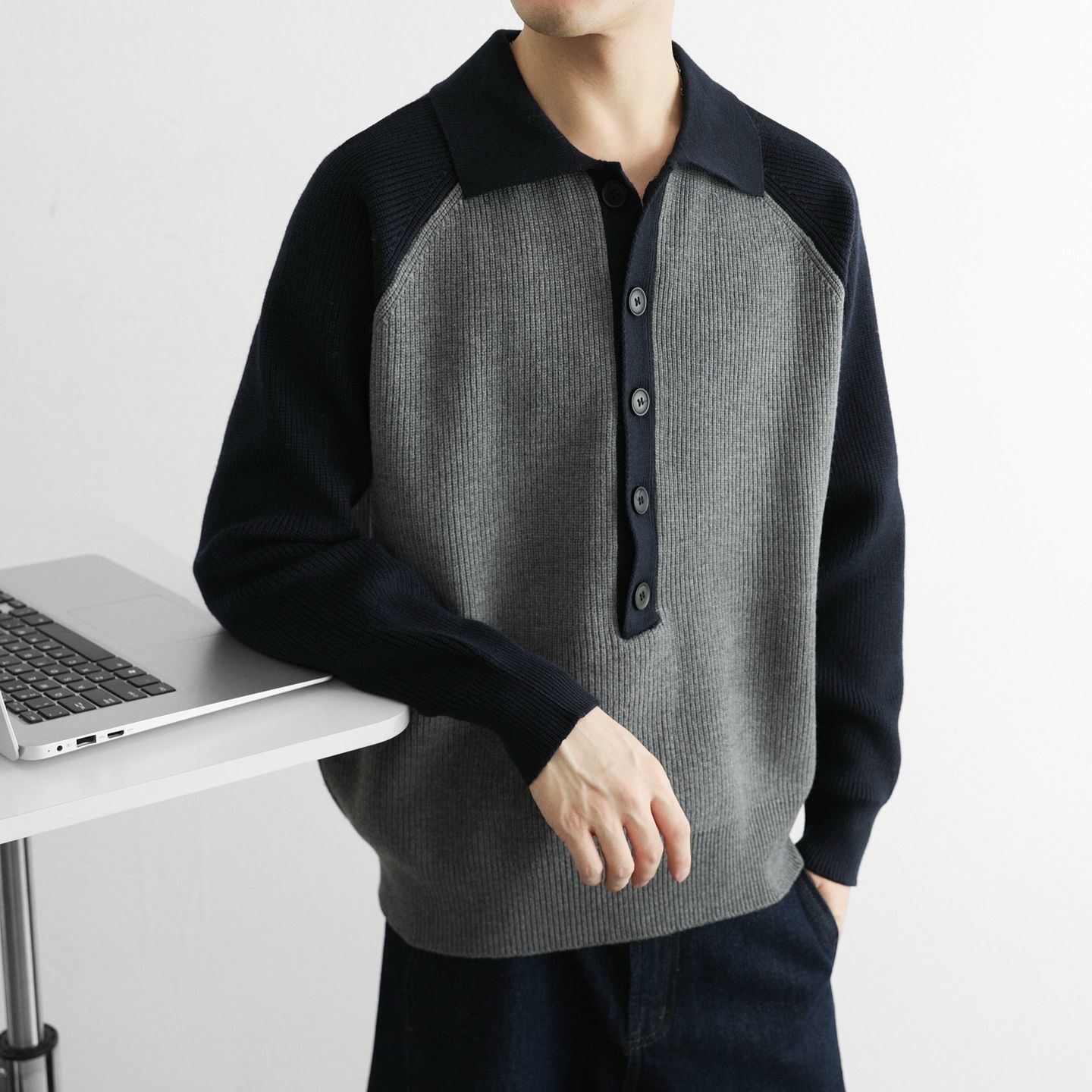 秋冬男士针织衫保暖翻领撞色极简风扭扣复古韩版针织polo领毛衣男