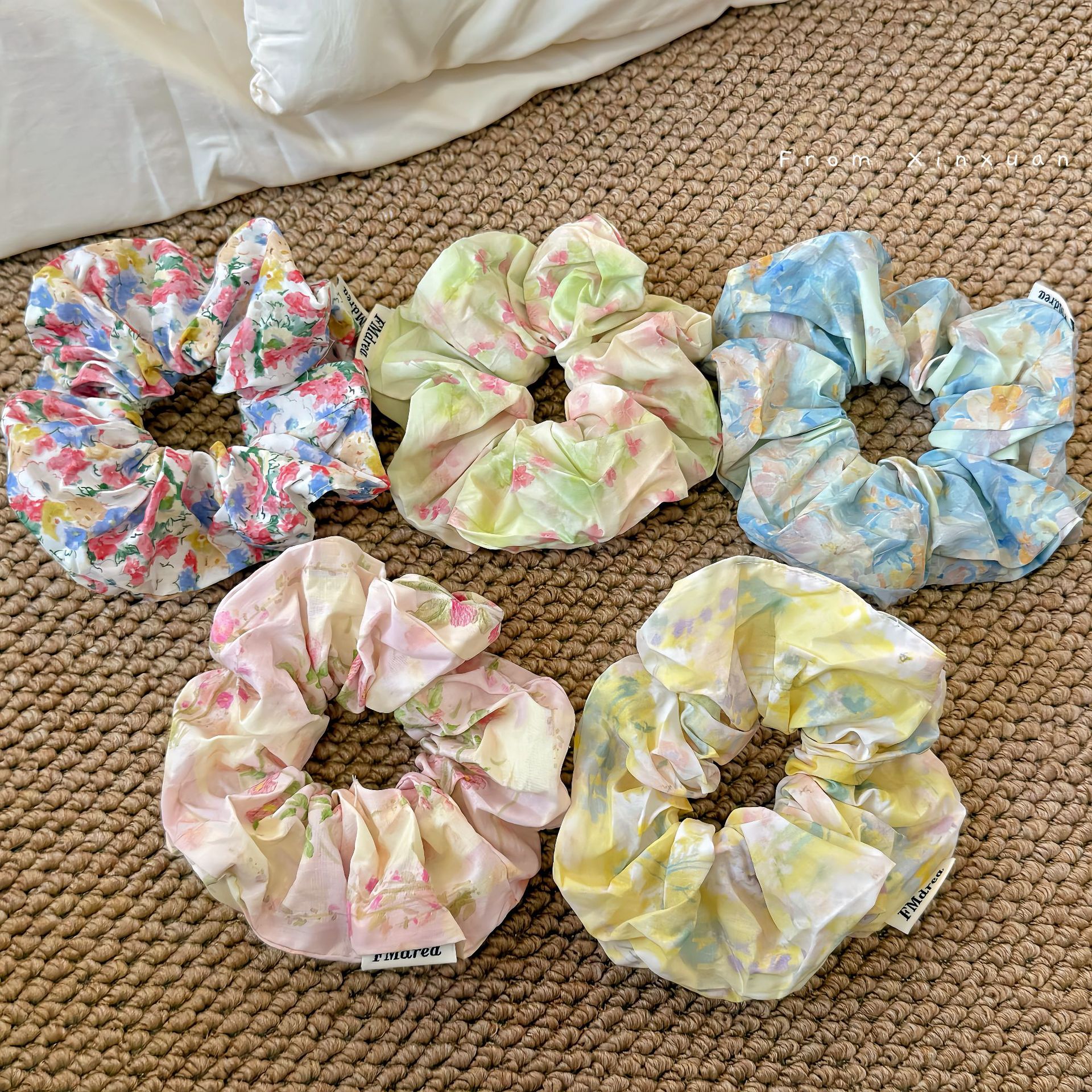 油画感粉色花朵大肠发圈温柔春夏低马尾发圈头绳丸子头皮筋头秋冬