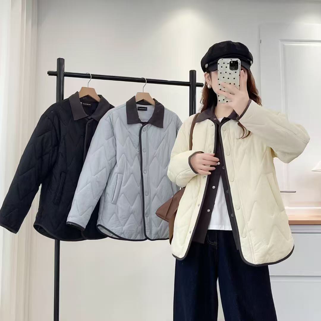 2025长袖保暖翻领假两件棉服外套韩版短款拼接2539