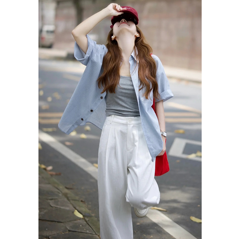 短袖衬衫长裤套装女2025夏季新款宽松开衫慵懒风休闲阔腿裤两件套