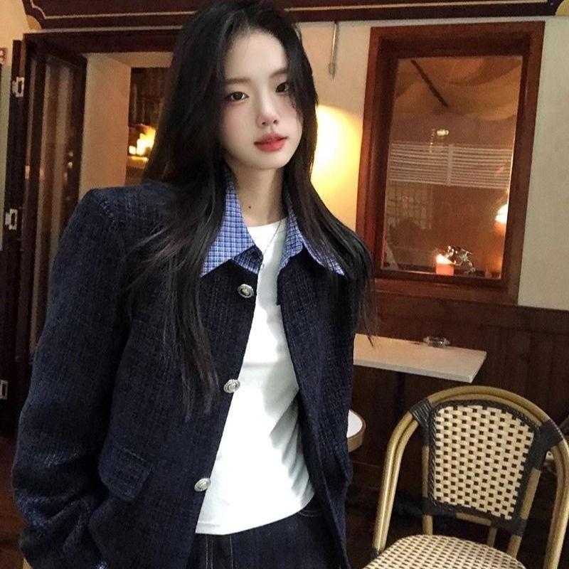 韩系温柔小香风女早秋新款单排扣假两件外套显瘦气质上衣