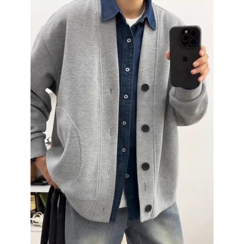 日系少年感穿搭针织开衫卫衣男秋季高级感华夫格V领外套情侣夹克