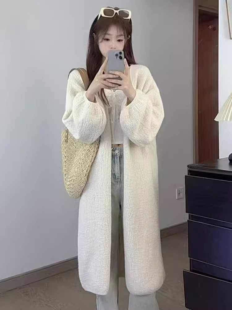 秋冬季高级感超好看的灯笼袖韩版毛衣开衫女中长款慵懒风针织外套